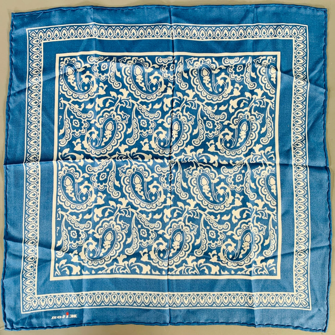 KITON Blue White Paisley Silk Pocket Square