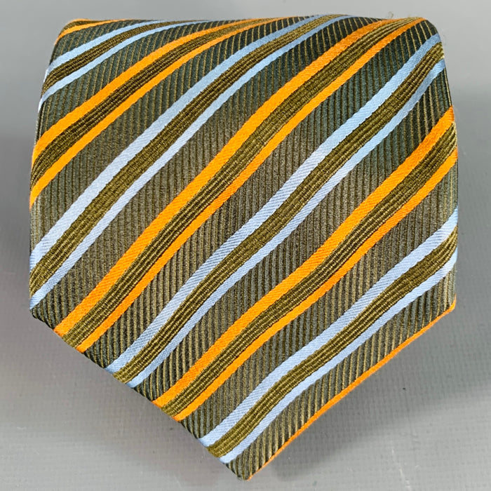 Cravate BRIONI en soie et coton à rayures diagonales vertes, bleues et oranges