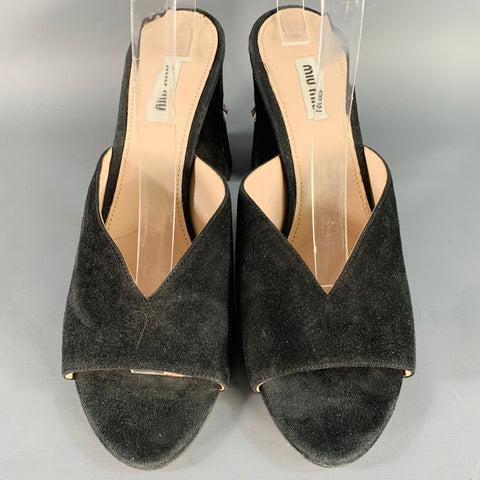 MIU MIU Size 11 Black Suede Rhinestone Peep Toe Sandals