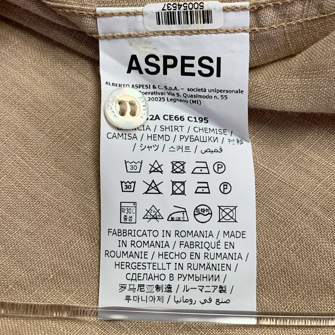 ASPESI Size XL Peach Linen Half Placket Long Sleeve Shirt