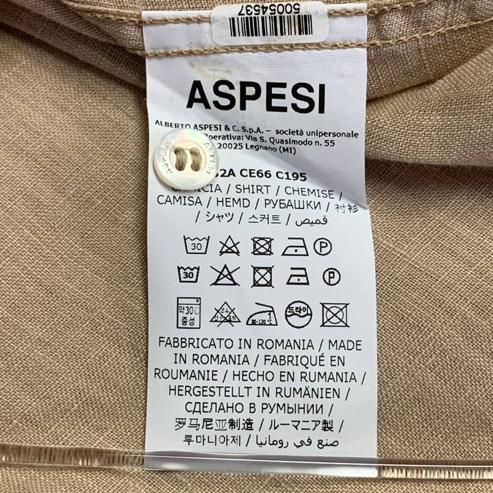 ASPESI Size XL Peach Linen Half Placket Long Sleeve Shirt