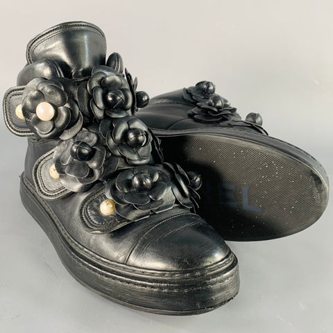 CHANEL Size 7 Black Leather Camellias Faux Pearls Applique High Top Sneakers