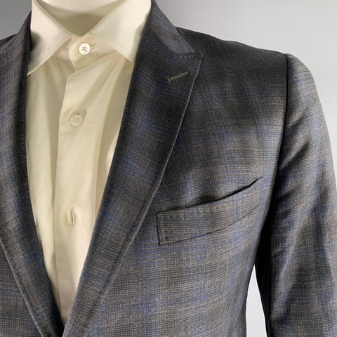 GUCCI Size 42 Grey Blue Ombre Plaid Wool Blend Peak Lapel Sport Coat