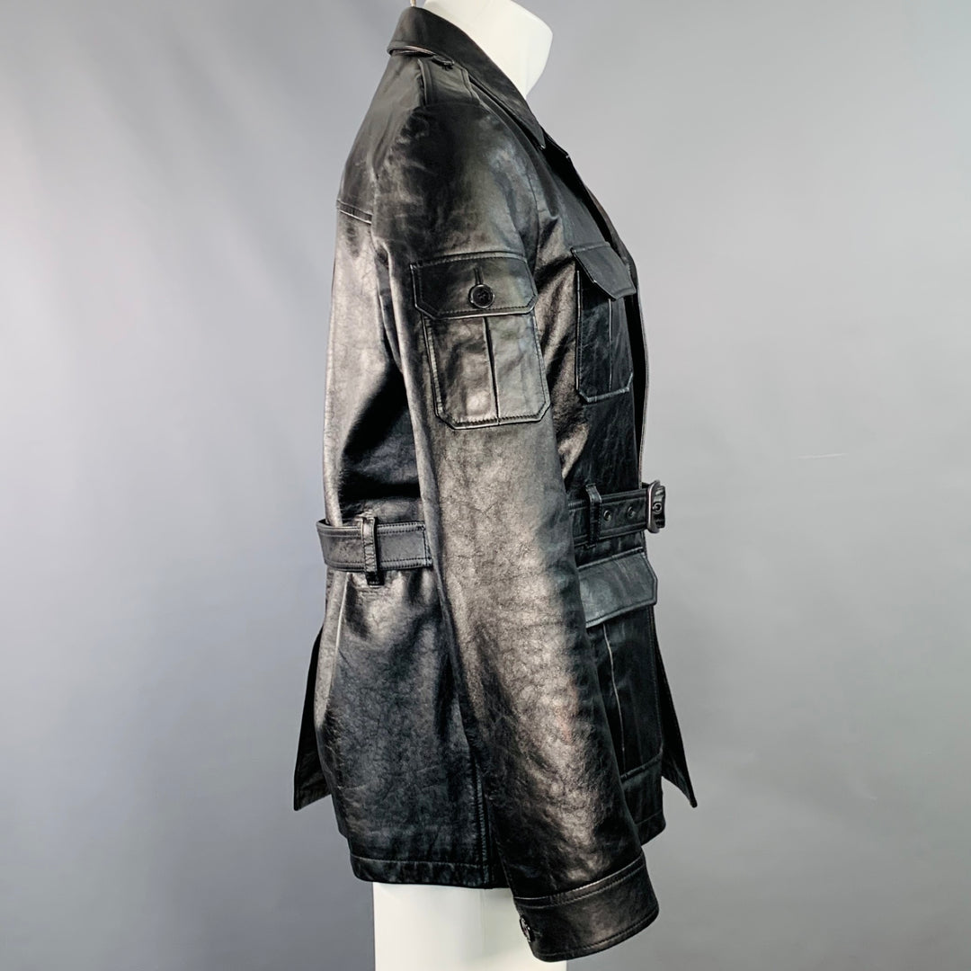 SAINT LAURENT Size M Black Calf Leather Belted Jacket