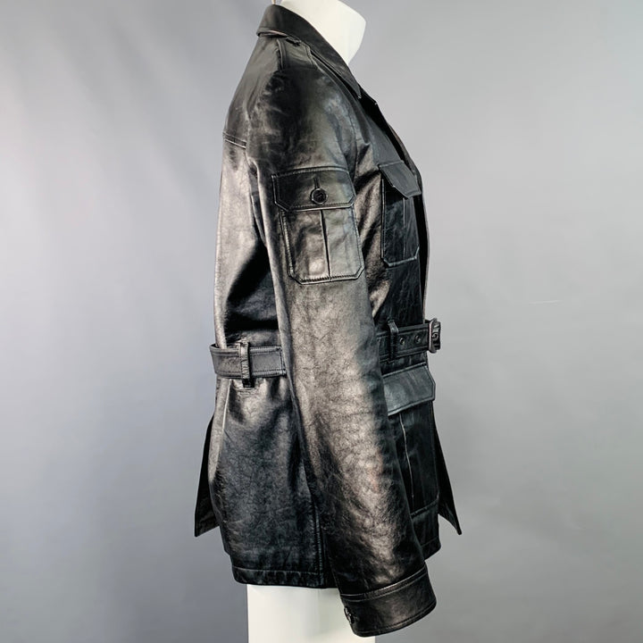 SAINT LAURENT Size M Black Calf Leather Belted Jacket