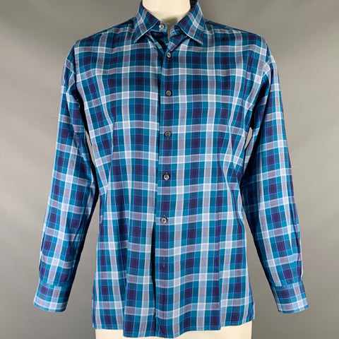 ERMENEGILDO ZEGNA Size XL Blue Plaid Cotton Button Up Long Sleeve Shirt