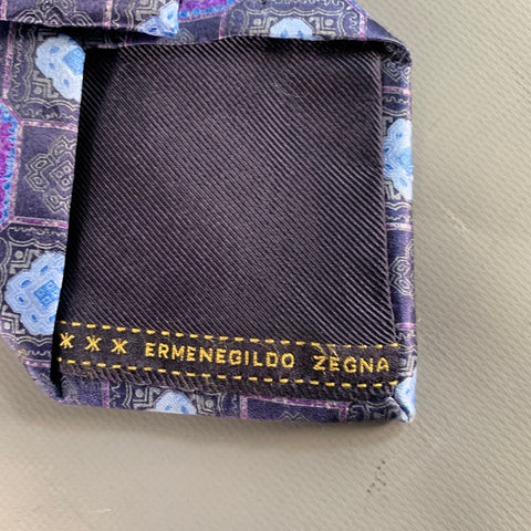 Cravate en Soie à Motif Floral Abstrait Violet et Bleu Marine ERMENEGILDO ZEGNA