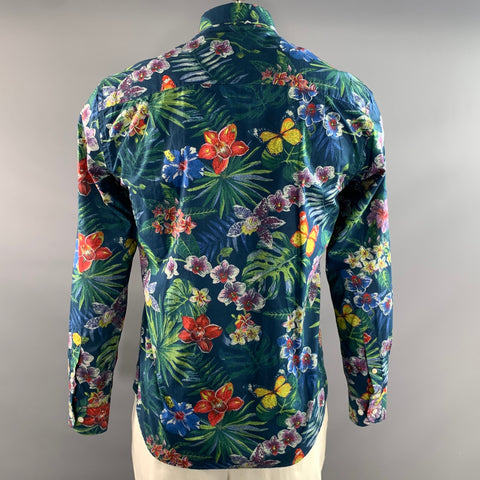 SERGE BLANCO Size L Blue Green Multi Floral Cotton Long Sleeve Shirt
