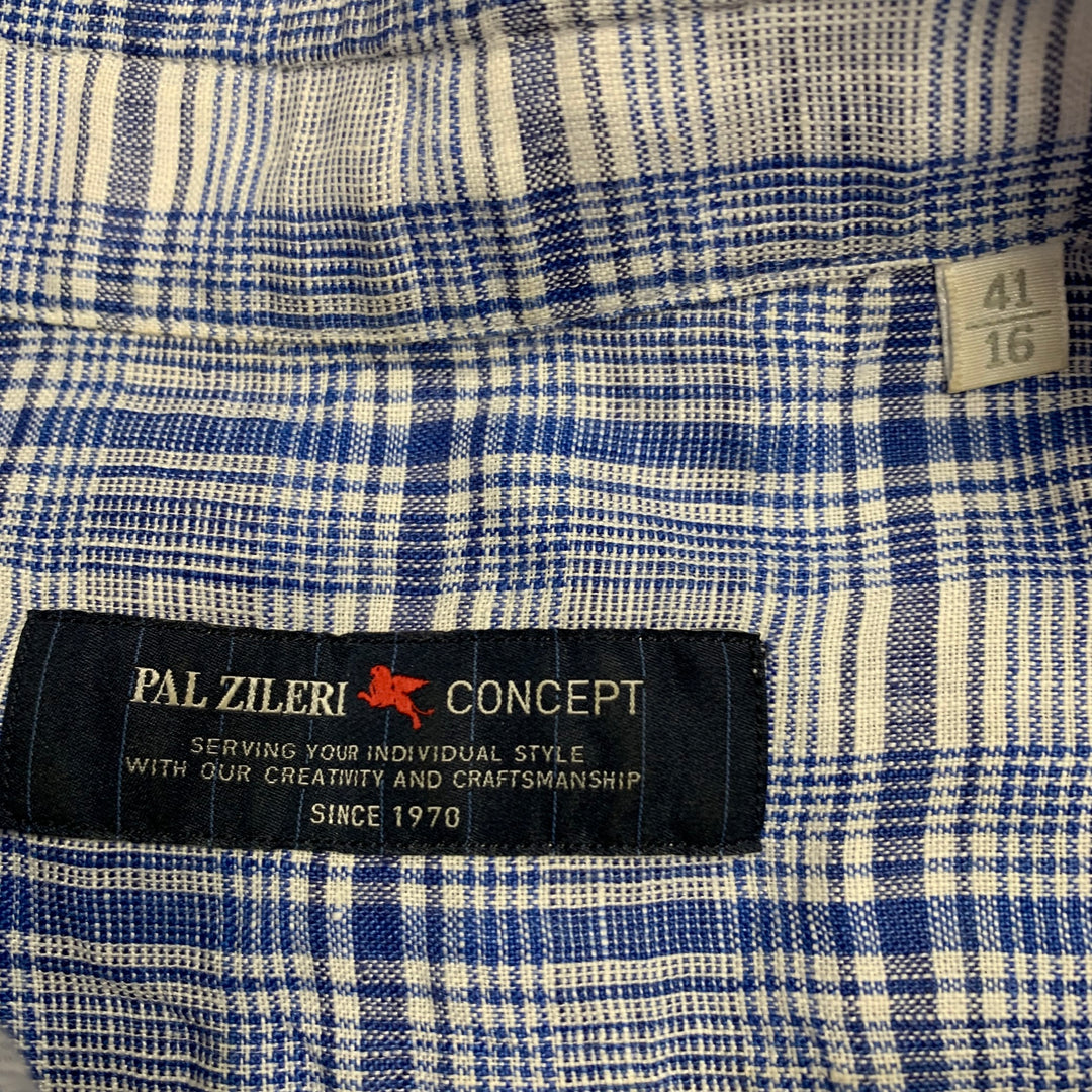 PAL ZILERI Size L Blue White Plaid Linen Short Sleeve Shirt