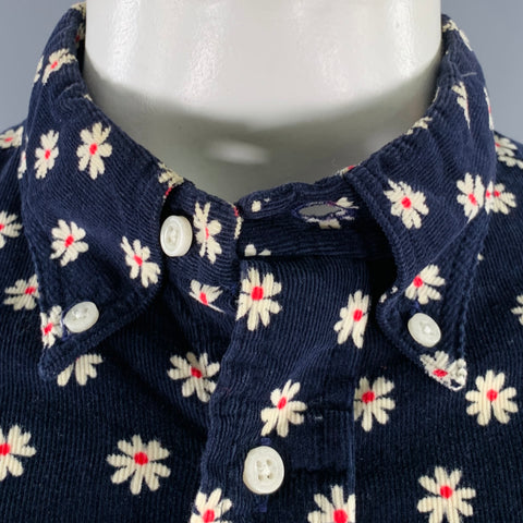 Chemise manches longues GITMAN VINTAGE taille XL en coton imprimé floral bleu marine et blanc avec boutons