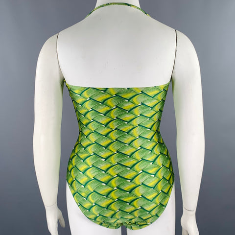 HERMES Size 10 Green Yellow Nylon Blend Woven Halter Swimsuit