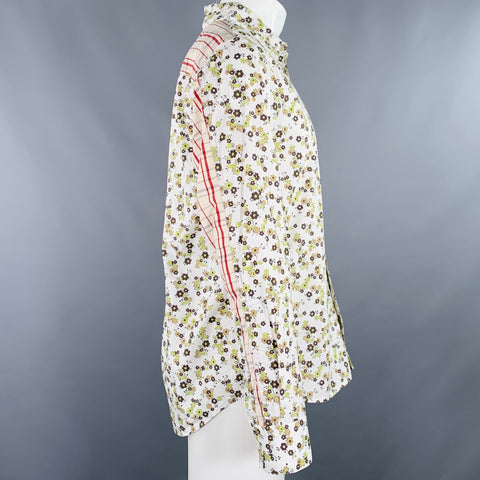 MARNI Size 36 White Green Brown Floral Cotton One Pocket Long Sleeve Shirt