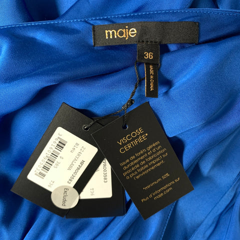 MAJE Size 4 Blue Viscose Pleated V Neck Long Dress