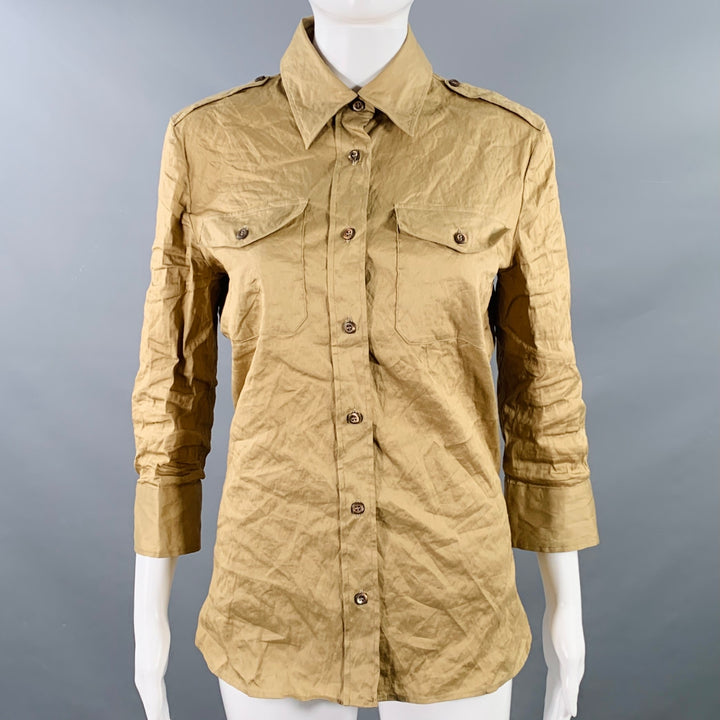 PRADA Size 4 Khaki Cotton Blend Wrinkled 3/4 Sleeves Shirt