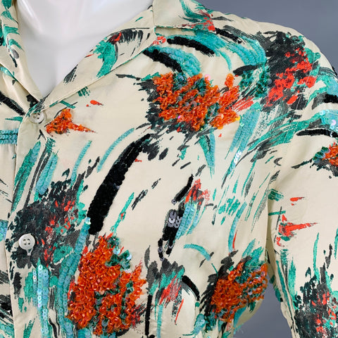 DRIES VAN NOTEN Size XS Cream Green Red Sequined Floral Viscose Camp Short Sleeve Shirt