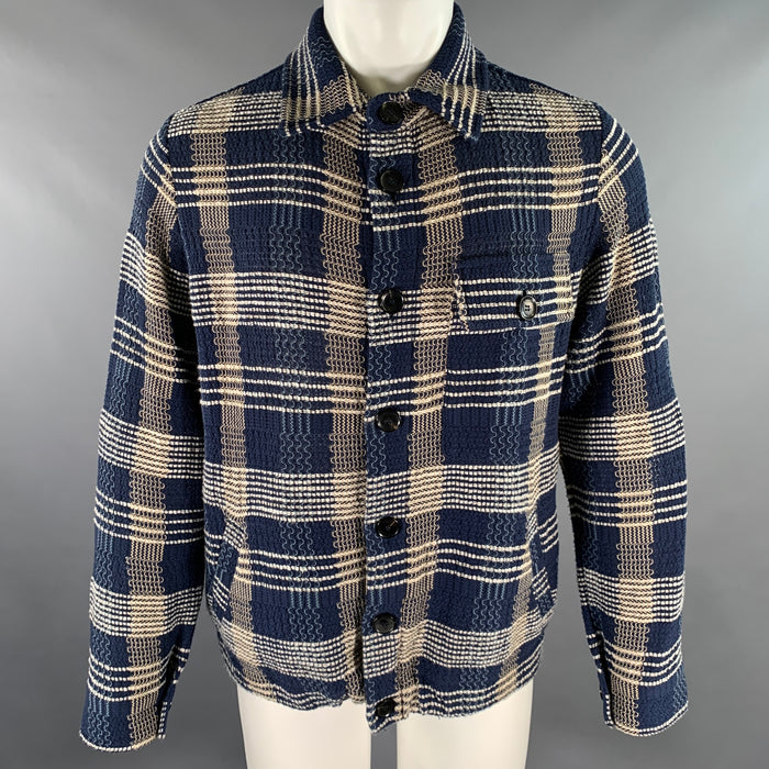 ETRO Size 38 Navy Beige Woven Cotton Linen Shirt Jacket Jacket