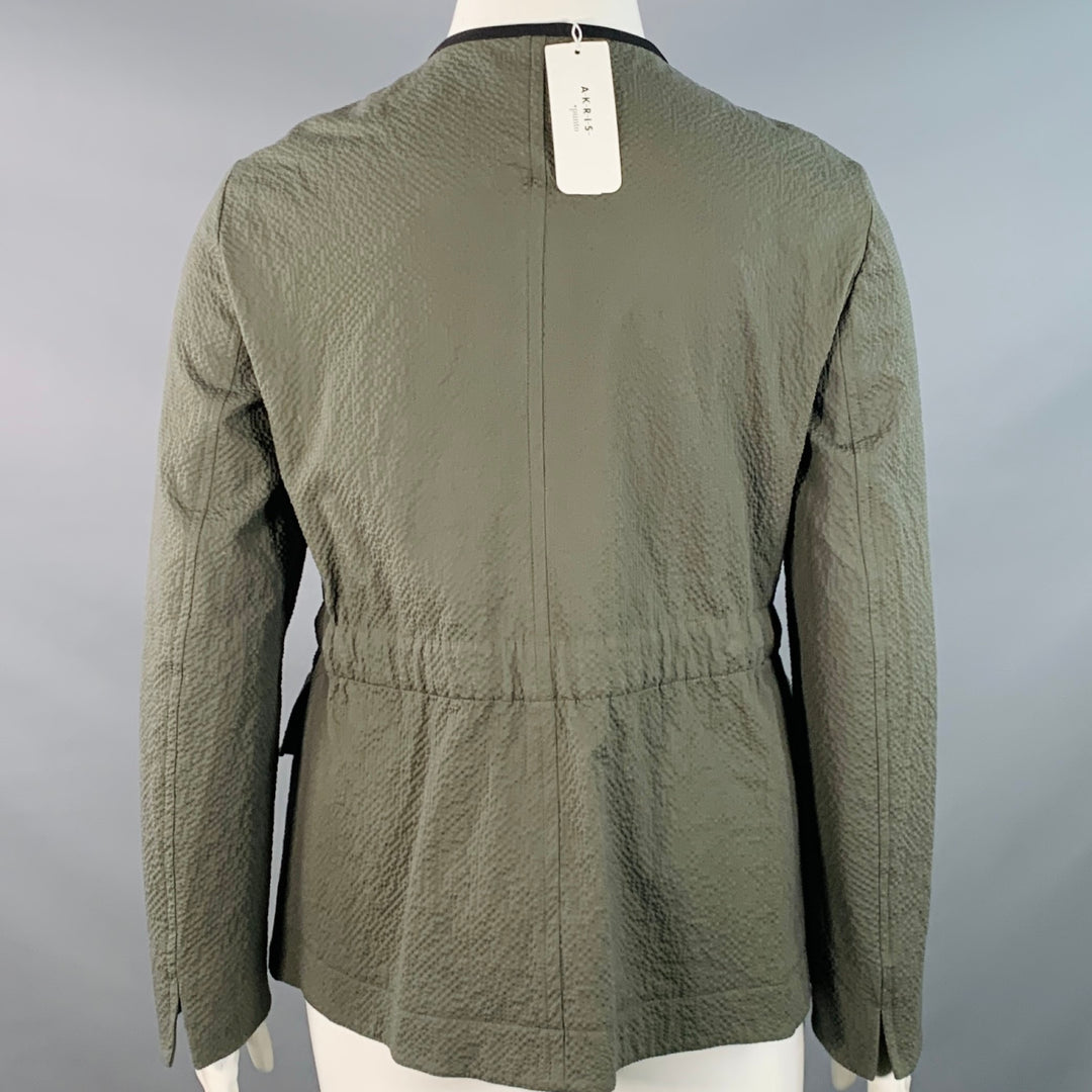 AKRIS Size 12 Black Olive Cotton Blend Seersucker Zip Snaps Collarless Jacket