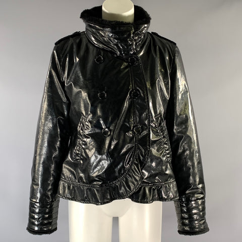 ARMANI COLLEZIONI Size 6 Black Polyurethane Ruffled Double Breasted Coat