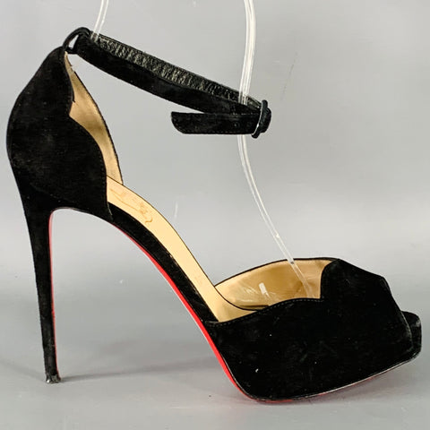 CHRISTIAN LOUBOUTIN Size 7.5 Aketata 120 Black Red Suede Ankle Strap Sandals