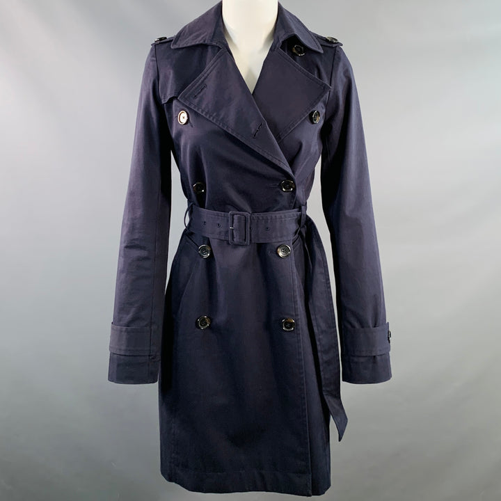 BARNEY'S CO-OP Size 2 Navy Cotton Blend Double Breasted Belted Coat