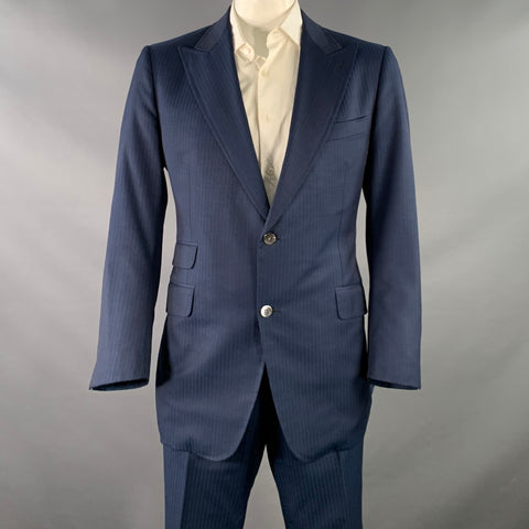 ASTOR & BLACK Size 46 Navy Textured Stripe Single Breasted Peak Lapel Suit