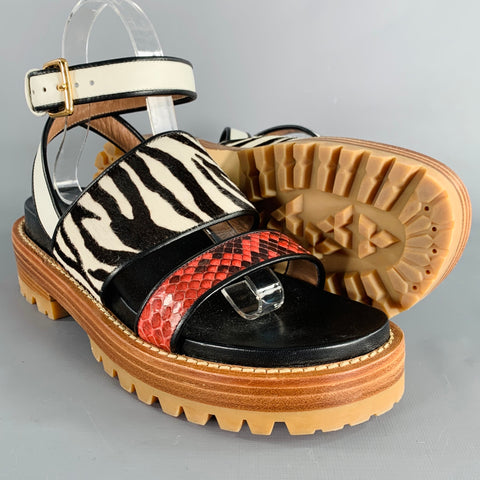 MARNI Size 8 Black Multi Color Leather Mixed Patterns Calf Hair Sandals