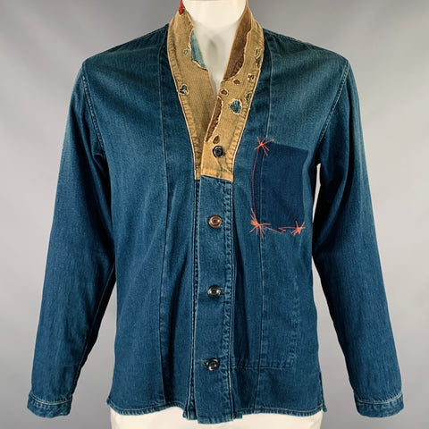 KOUNTRY Size XL Blue Tan Patch Cotton Blend Embroidered Cardigan