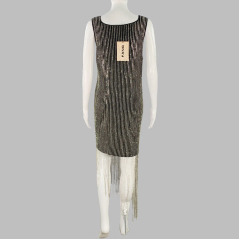 FANG Size M Asymmetrical Rhinestone Black Silver Cotton Blend Sleeveless Square Neck Cocktail Dress