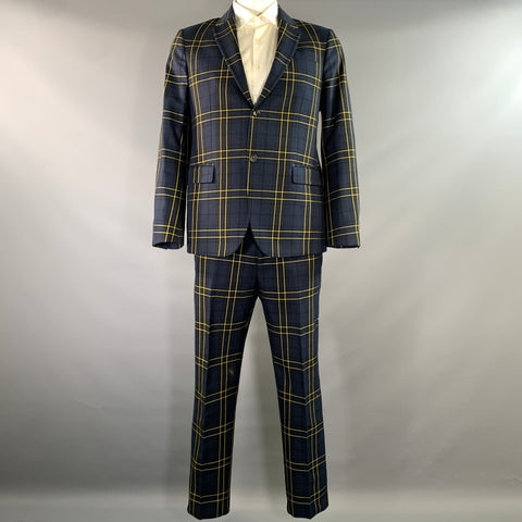 JOSEPH Chest Size 42 Navy Yellow Plaid Cotton Notch Lapel 34 30 Suit