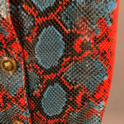 VERSACE Size S Red Blue Leather Snake Embossed Pencil Skirt