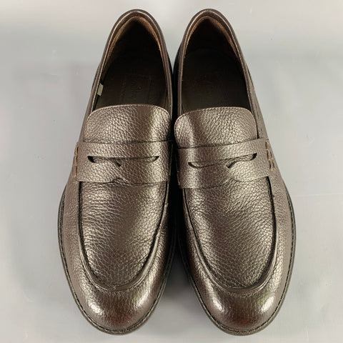 BRIONI Size 10.5 Dark Brown Pebble Grain Leather Penny Loafers