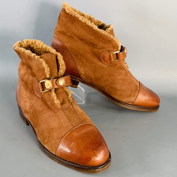 BOTTEGA VENETA Size 8 Camel Leather Suede Fleece Lined Buckle Booties