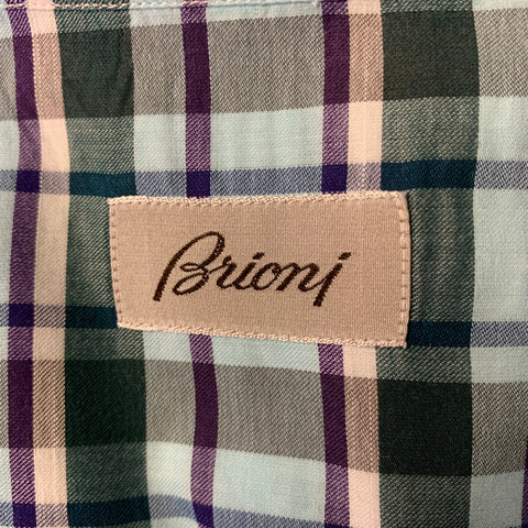 BRIONI Size L Blue Purple Green Plaid Cotton Pointed Collar Long Sleeve Shirt