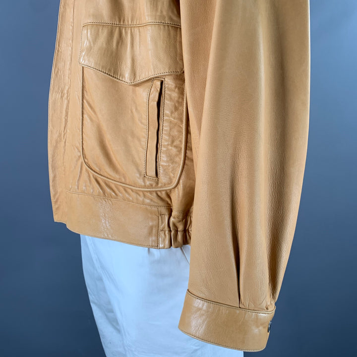 SCUOLA DEL CUOIO Size XL Camel Leather Bomber Jacket