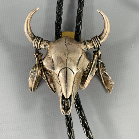THE HELLDORADO Silver Black Braided Leather Metal Bolo Tie