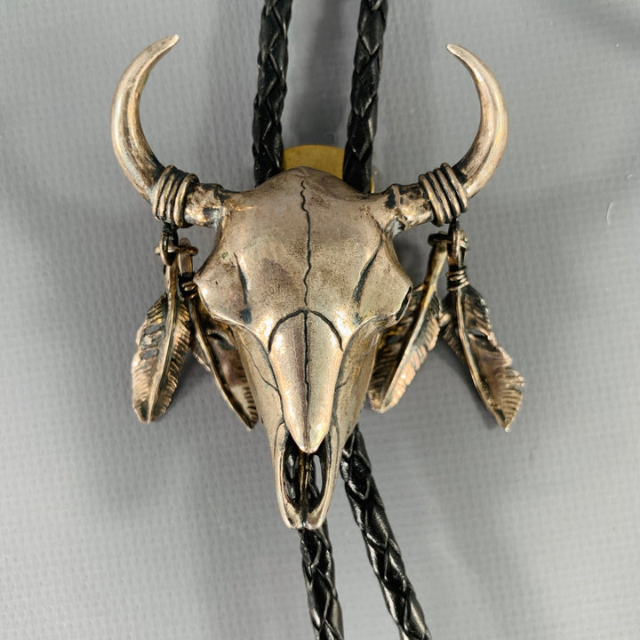 THE HELLDORADO Silver Black Braided Leather Metal Bolo Tie