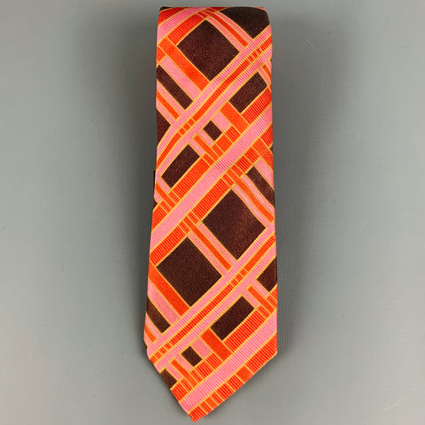 NO BRAND Brown Pink Orange Plaid Silk Tie