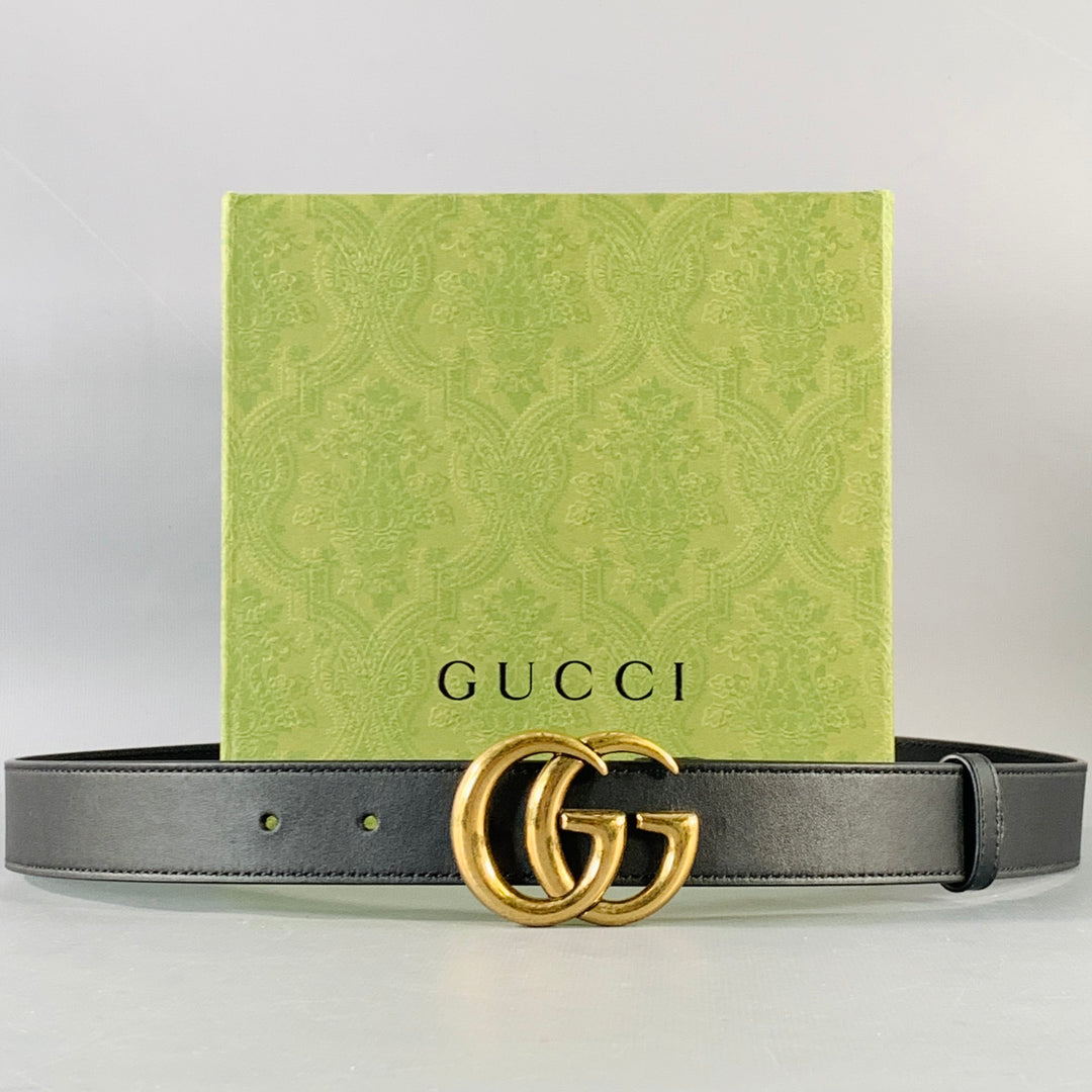GUCCI Size 36 Black Gold Monogram Leather Belt