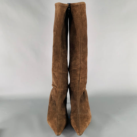 Bottes PRADA en daim marron à bout pointu et fermeture éclair latérale, Taille 7.5