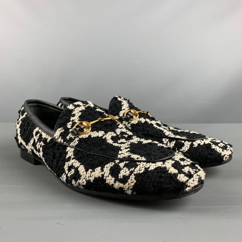 GUCCI Talla 11.5 Zapatos planos sin cordones de cuero con monograma de tweed blanco y negro