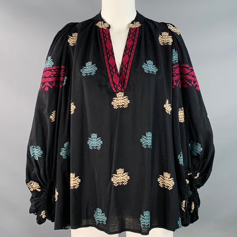 VANESSA BRUNO Size XS Black Multi Color Cotton Blend Embroidered V-Neck Tunic Blouse