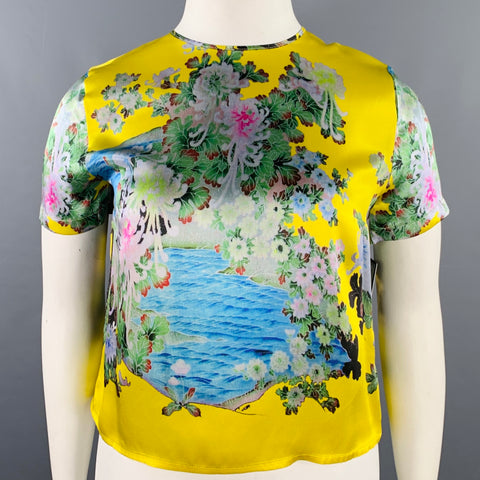 PREEN Size L Yellow Multi Color Silk Floral T-Shirt