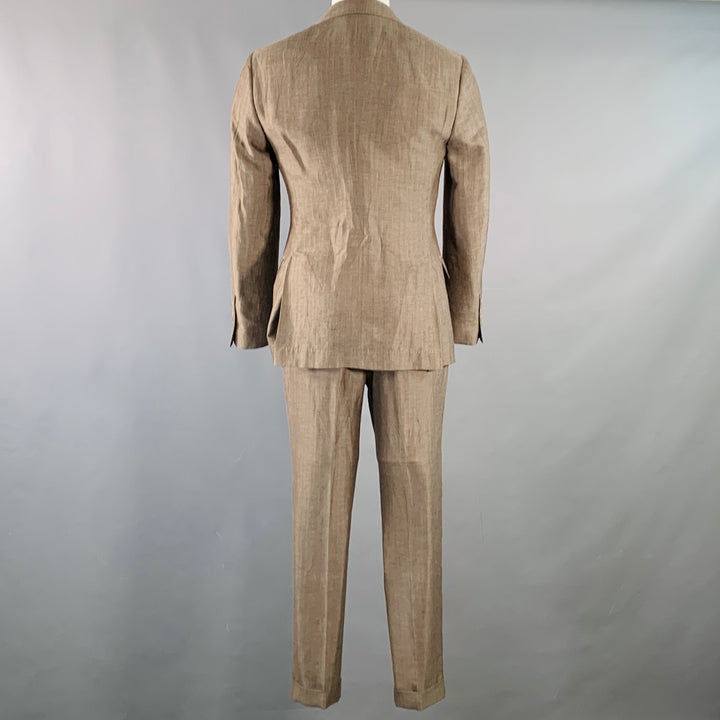 BRUNELLO CUCINELLI Size 38 Brown Herringbone Linen Wool Silk Peak Lapel Suit
