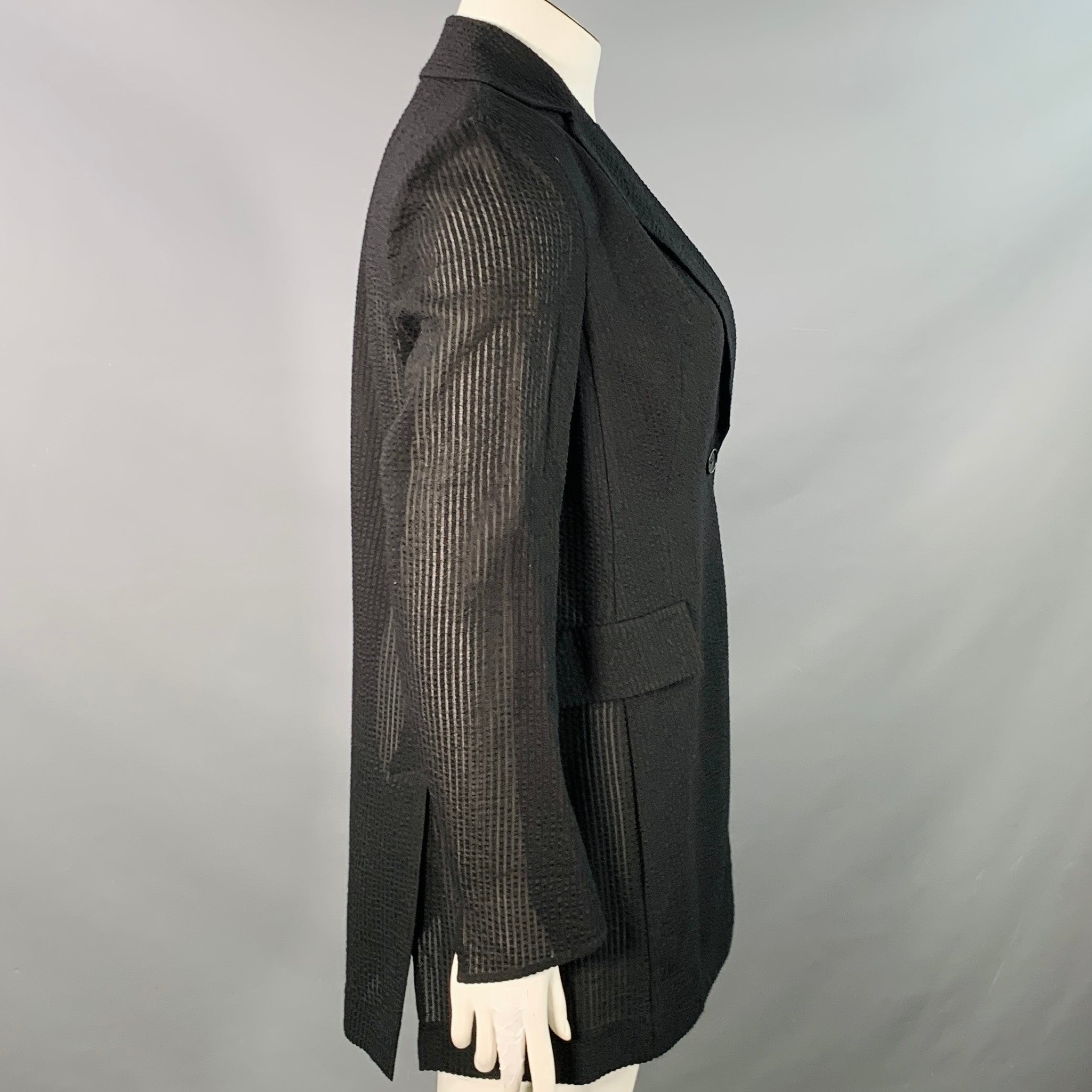 AKRIS Size 10 Black Wool Silk Blend Textured Stripe Jacket Blazer