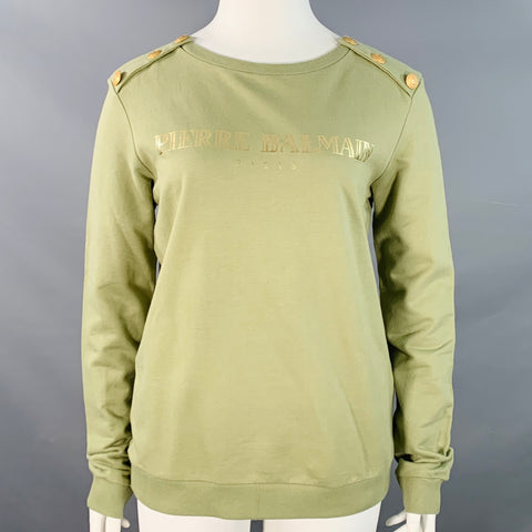 BALMAIN Size L Green Sage Cotton Blend Jersey Logo Crew Neck Pullover