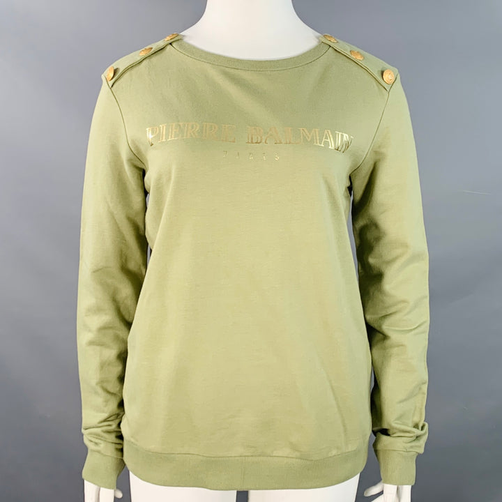 BALMAIN Size L Green Sage Cotton Blend Jersey Logo Crew Neck Pullover