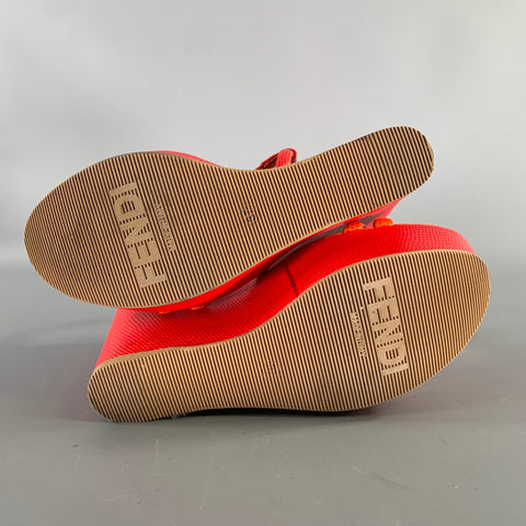 FENDI Size 7 Red Orange Leather Color Block Embossed Wedge