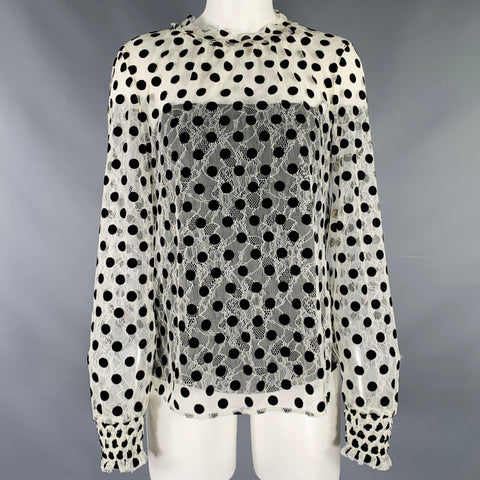 AKRIS Size 4 Off White Black Viscose Blend Polka Dot Collarless Blouse