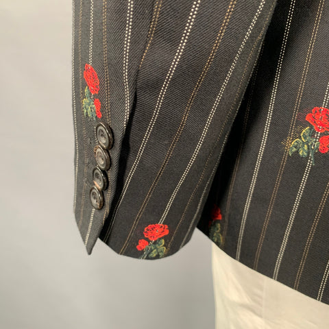 ALEXANDER MCQUEEN Size 42 Black Red Stripe Roses Wool Cotton Sport Coat