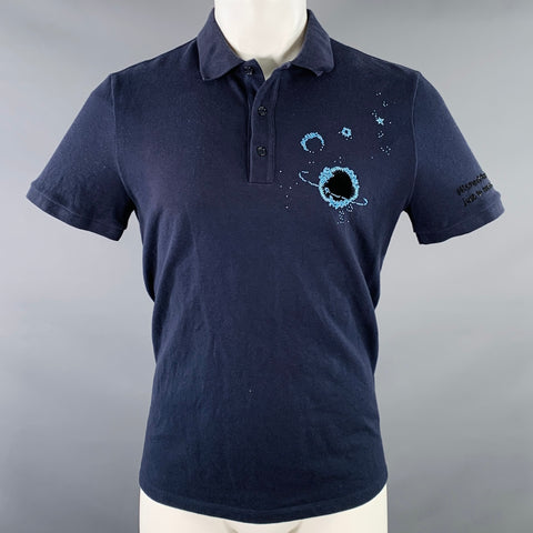 VALENTINO 2019 Size M Navy Blue Embroidered Beaded Outer Space Cotton Buttoned Polo